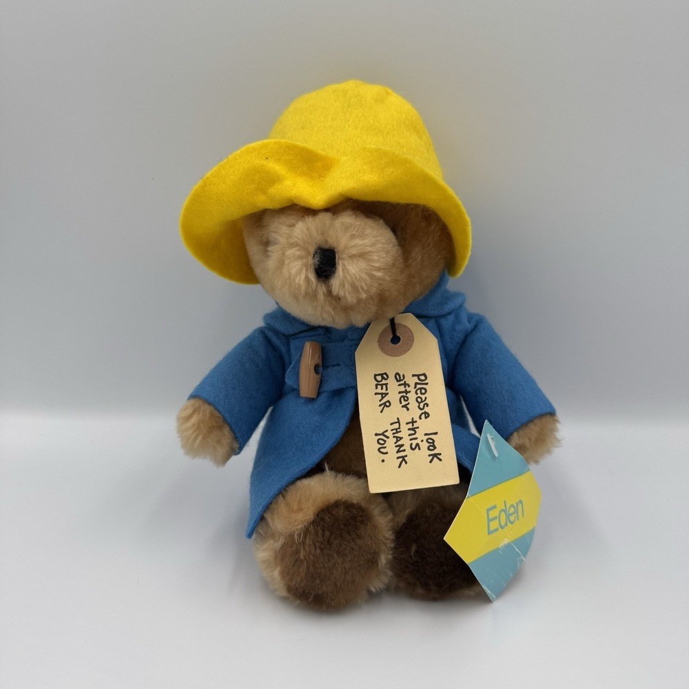 VTG Paddington Bear Plush Stuffed Animal Toggle Coat Yellow Hat Eden Toys Tags